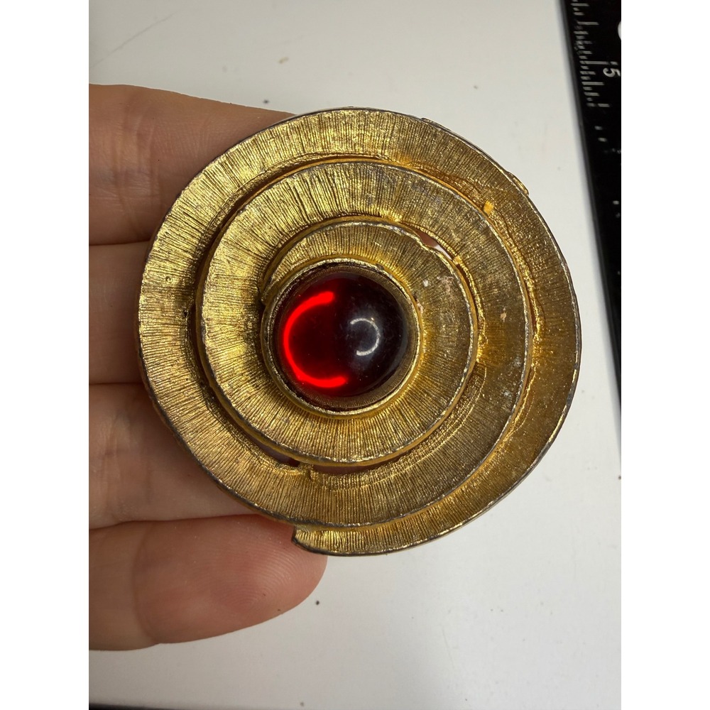 Joan's Gold Tone Spiral Brooch Red Cabochon Textured Circular Pin